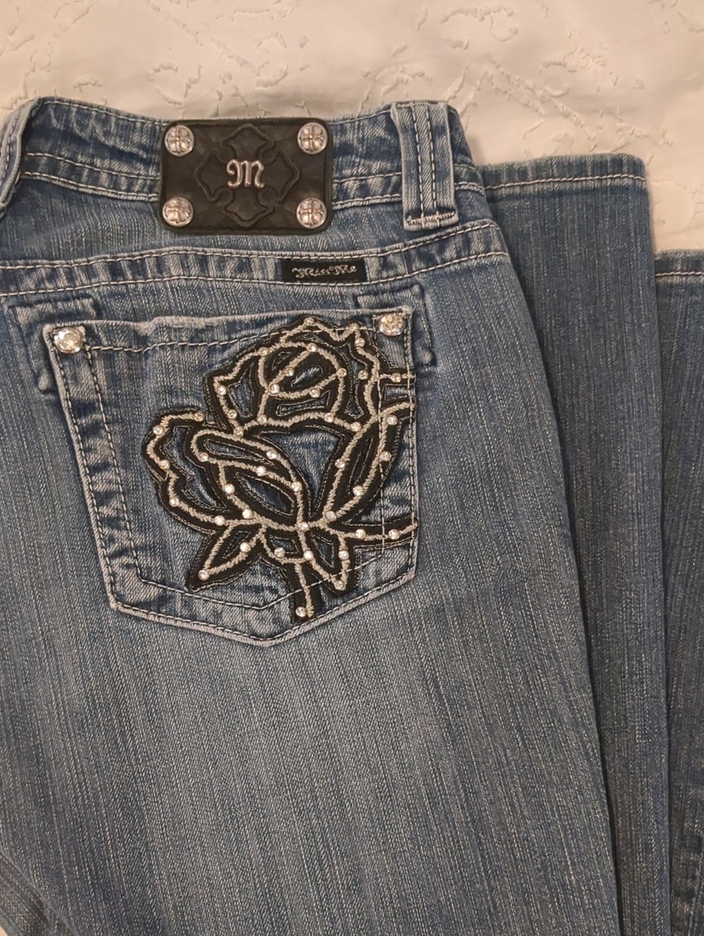 Miss Me Blue Embroidered Rose Pocket Bootcut Jeans